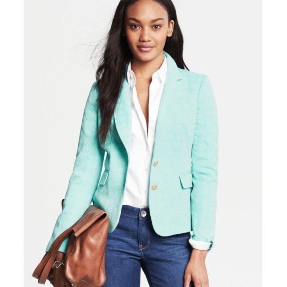 Banana Republic Tiffany Mint Blue Textured Blazer gold military preppy buttons - Picture 2 of 13